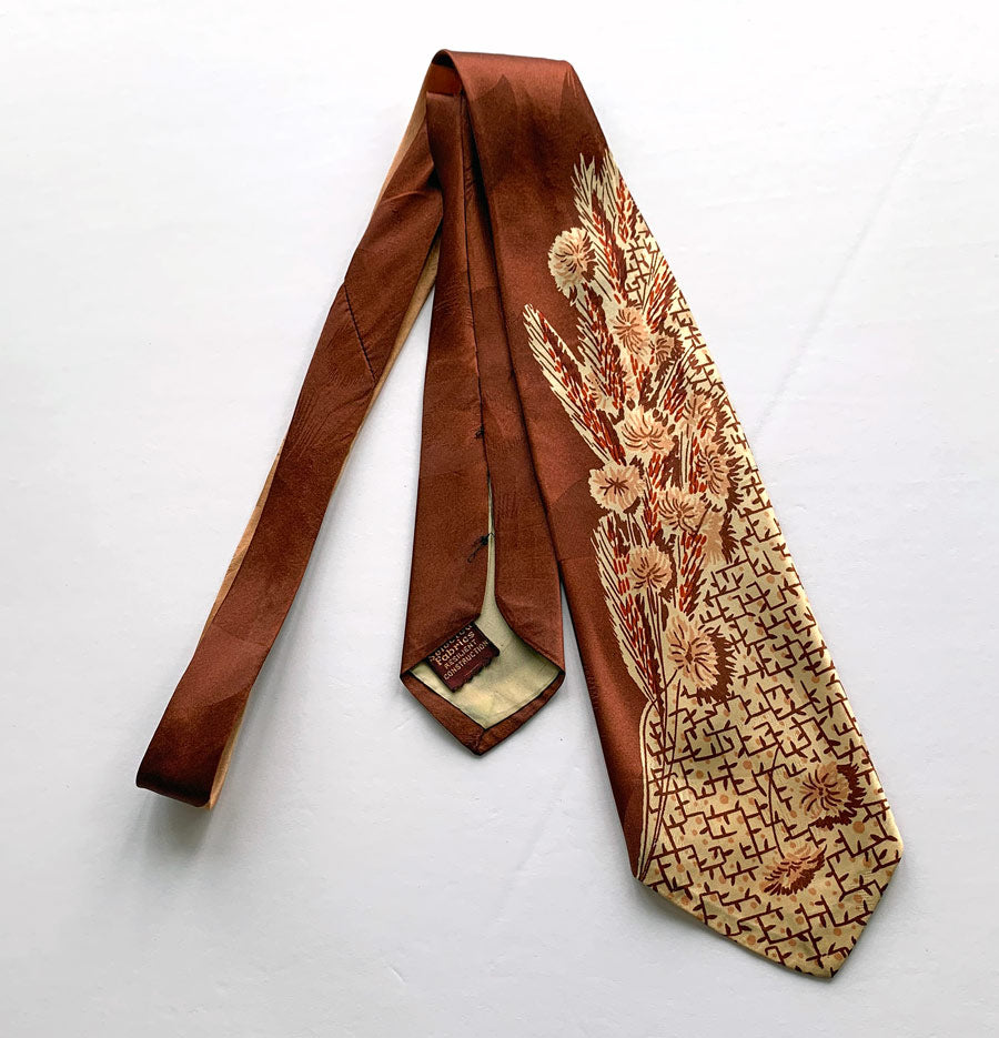 40s Necktie Brown & Cream Vintage Autumn Wheat Spidery Floral Print Jacquard VFG Selected Fabrics Resilient Construction