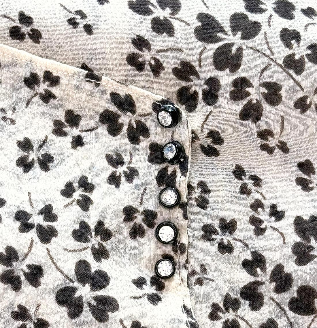 Vintage 20s Day Dress Novelty Shamrock Print Antique Rhinestone Buttons VFG