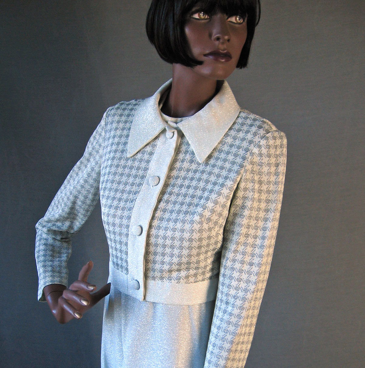 70s Vintage Silver White Lurex Maxi Dress and Cropped Jacket Outfit Small VFG