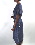 50s 60s Deadstock Vintage Day Dress XL Blue White Tattersall-Style Plaid Shirtwaist VFG Smartsetter