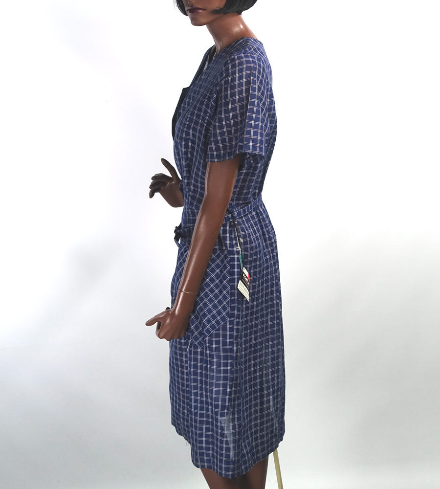 New Old Stock 50s 60s Vintage Day Dress XL Blue White Tattersall-Style Plaid Shirtwaist VFG Smartsetter