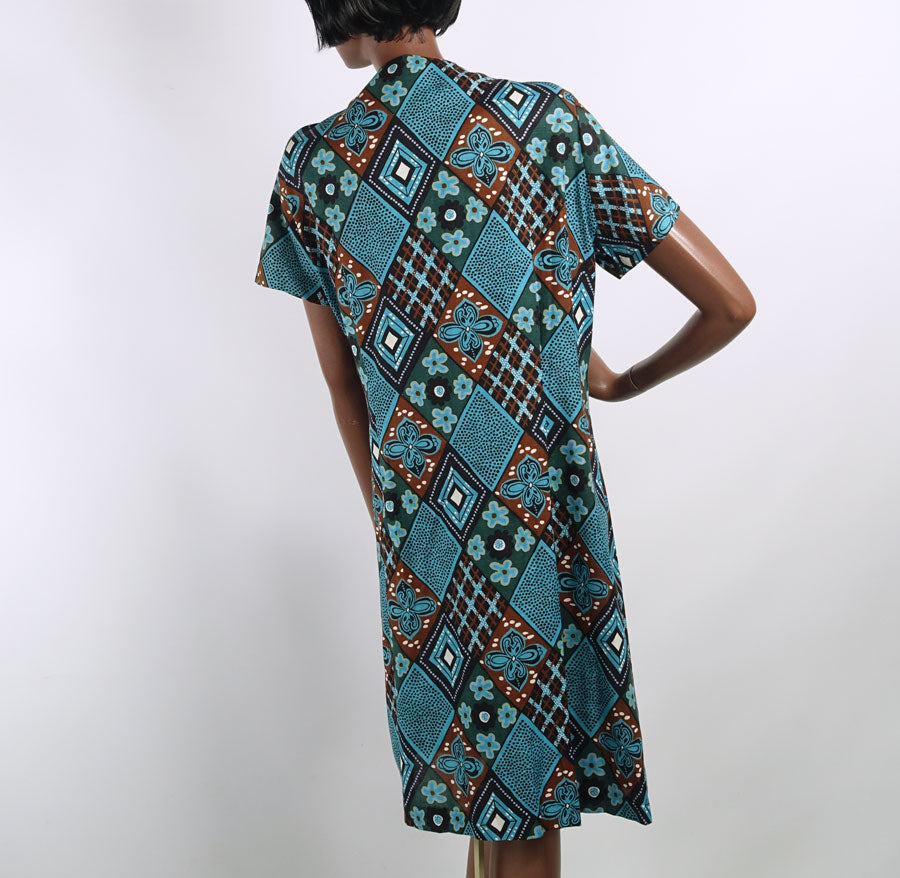 60s Vintage Cotton Day Dress NOS Turquoise Argyle Tapa Patchwork Print XL Smartsetter VFG