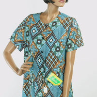 60s Vintage Cotton Day Dress NOS Turquoise Argyle Tapa Patchwork Print XL Smartsetter VFG