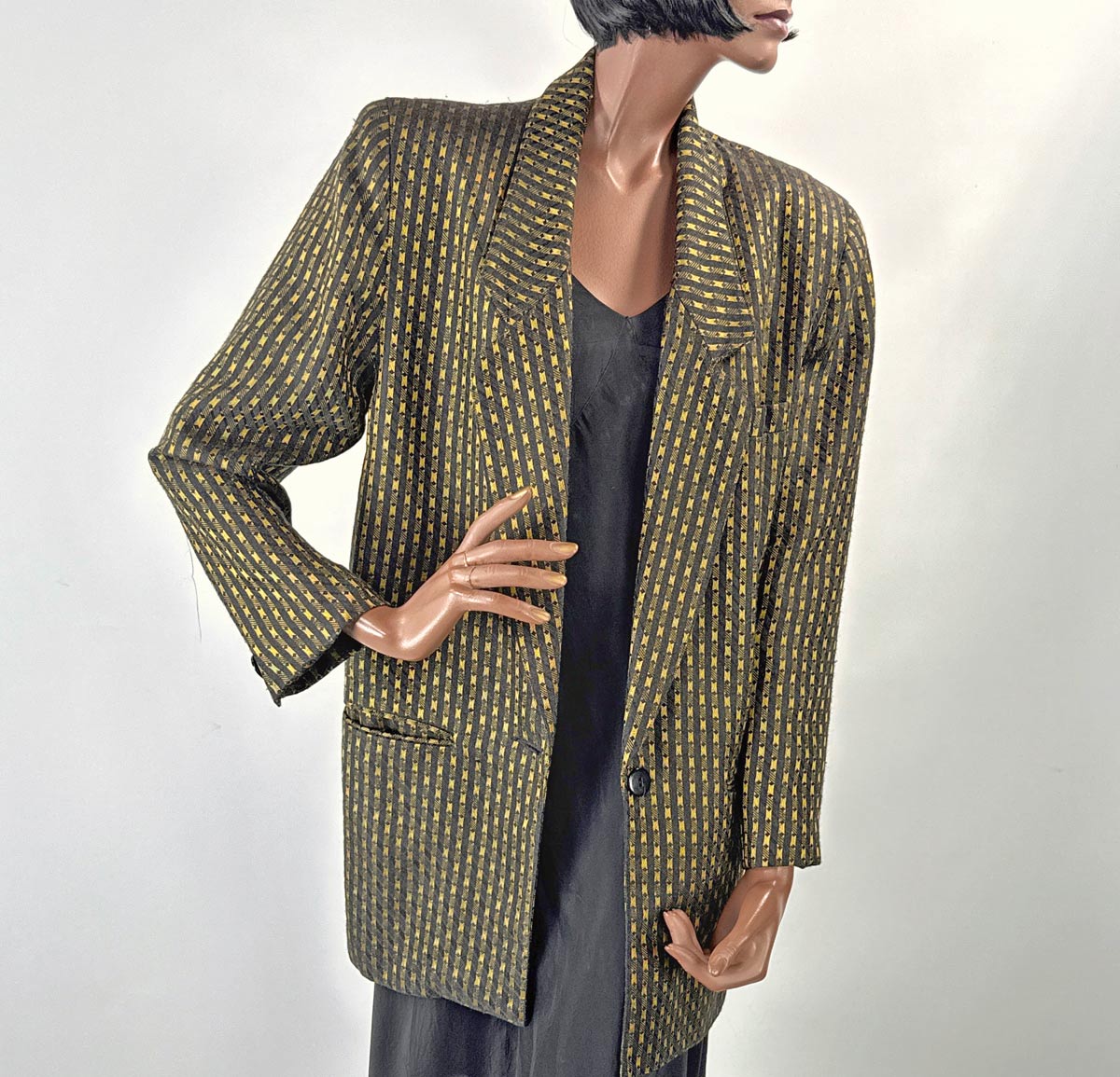 80s 90s Oversized Vintage Women's Blazer Jacket Gold &amp; Black Jacquard Big Suit Spitalnick VFG