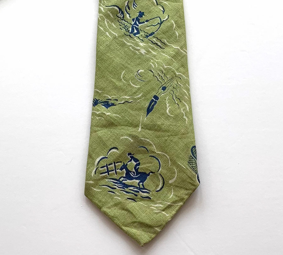 40s Wide Necktie Novelty Print Sports Sailing Tennis Diving Fly Fishing Surfing Rivetz Boston VFG