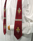 40s Necktie Men's Vintage Fleur de Lis Dark Red Jacquard White Yellow & Gray VFG