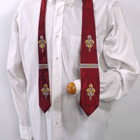 40s Necktie Men's Vintage Fleur de Lis Dark Red Jacquard White Yellow & Gray VFG