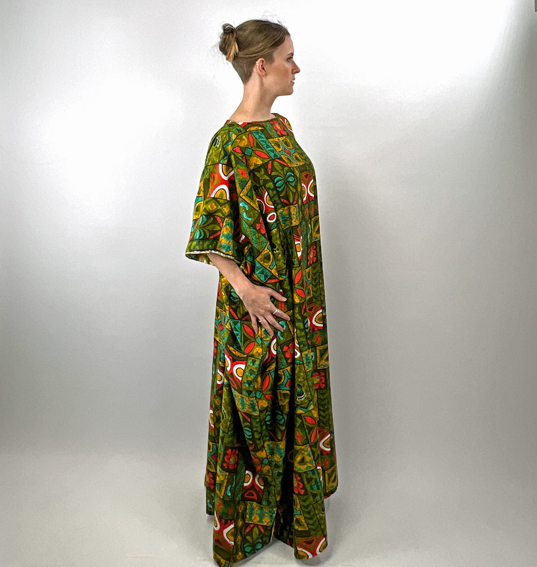 60s Caftan Vintage Batik Tiki Tapa Print Cotton Women's Orange Green Gold VFG
