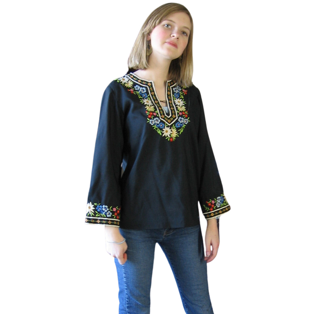 70s Women's Blouse Cottagecore Top Embroidered Vintage Boho Tunic S/M VFG Tramo