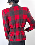 80s Designer Red & Gray Plaid Knit SweaterJacket Valentino VFG