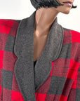 80s Designer Red & Gray Plaid Knit SweaterJacket Valentino VFG