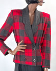 80s Designer Red & Gray Plaid Knit SweaterJacket Valentino VFG
