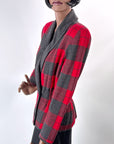 80s Designer Red & Gray Plaid Knit SweaterJacket Valentino VFG