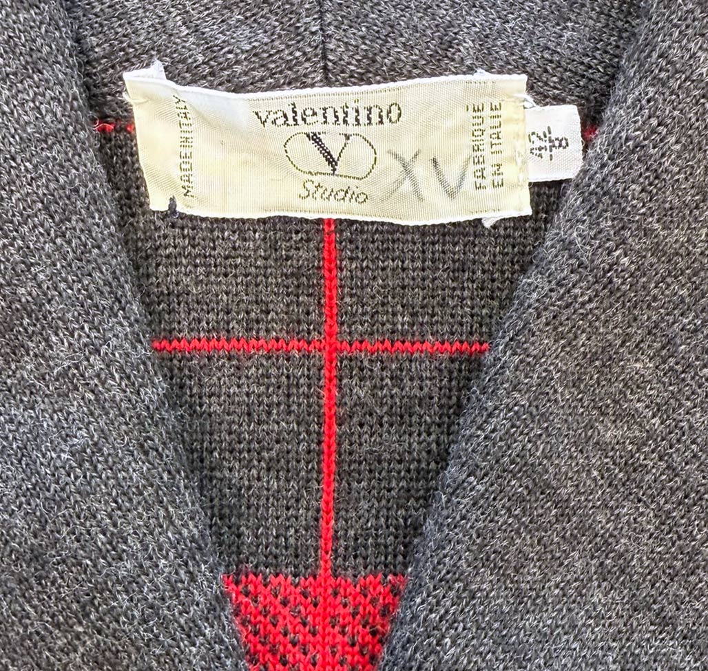 80s Designer Red &amp; Gray Plaid Knit SweaterJacket Valentino VFG