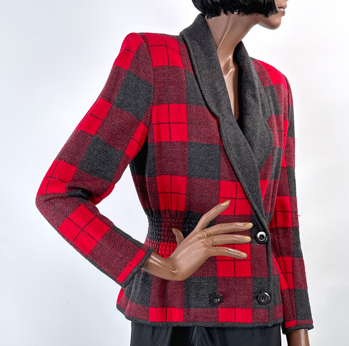 80s Designer Red &amp; Gray Plaid Knit SweaterJacket Valentino VFG