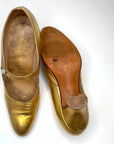 Vintage 20s Mary Jane Heels Antique Gold Leather Flapper Shoes Spanish Mallorca
