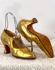 Vintage 20s Mary Jane Heels Antique Gold Leather Flapper Shoes Spanish Mallorca