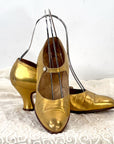 Vintage 20s Mary Jane Heels Antique Gold Leather Flapper Shoes Spanish Mallorca