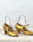 Vintage 20s Mary Jane Heels Antique Gold Leather Flapper Shoes Spanish Mallorca