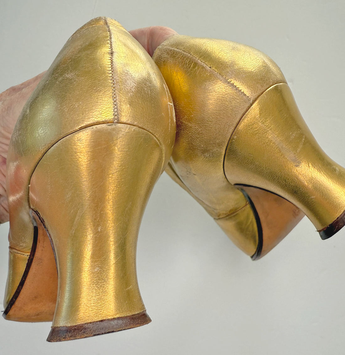 Vintage 20s Mary Jane Heels Antique Gold Leather Flapper Shoes Spanish Mallorca