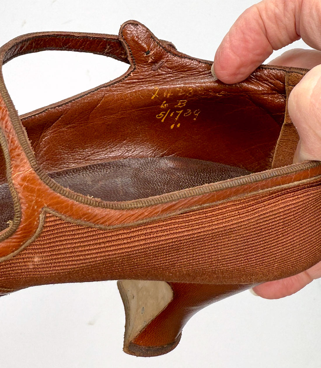 Vintage 20s Heels Brown Fabric Shoes Leather Trim Ankle Strap Button The White House VFG