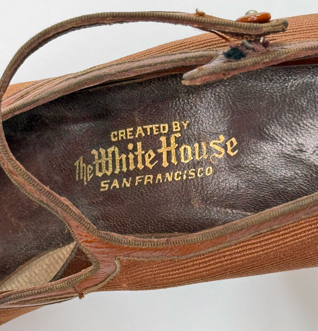 Vintage 20s Heels Brown Fabric Shoes Leather Trim Ankle Strap Button The White House VFG