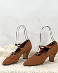 Vintage 20s Heels Brown Fabric Shoes Leather Trim Ankle Strap Button The White House VFG