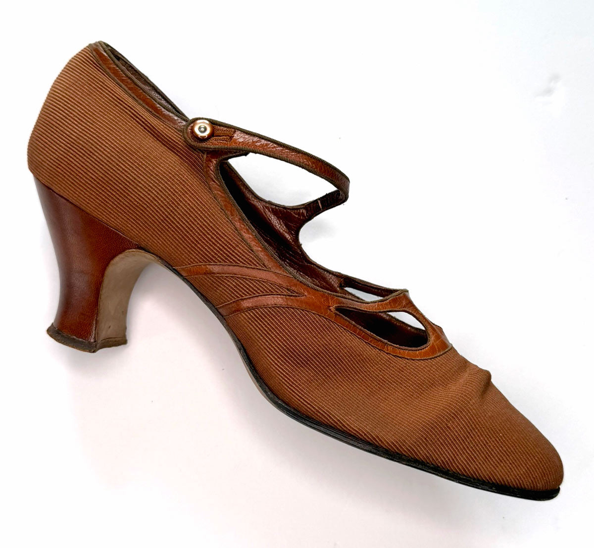 Vintage 20s Heels Brown Fabric Shoes Leather Trim Ankle Strap Button The White House VFG