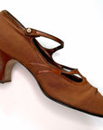 Vintage 20s Heels Brown Fabric Shoes Leather Trim Ankle Strap Button The White House VFG