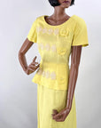 50s Yellow Fitted Dress Women's Vintage Peplum White Lace Accents Medium Grace da Pozzo VFG