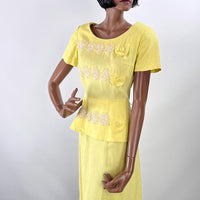 50s Yellow Fitted Dress Women's Vintage Peplum White Lace Accents Medium Grace da Pozzo VFG