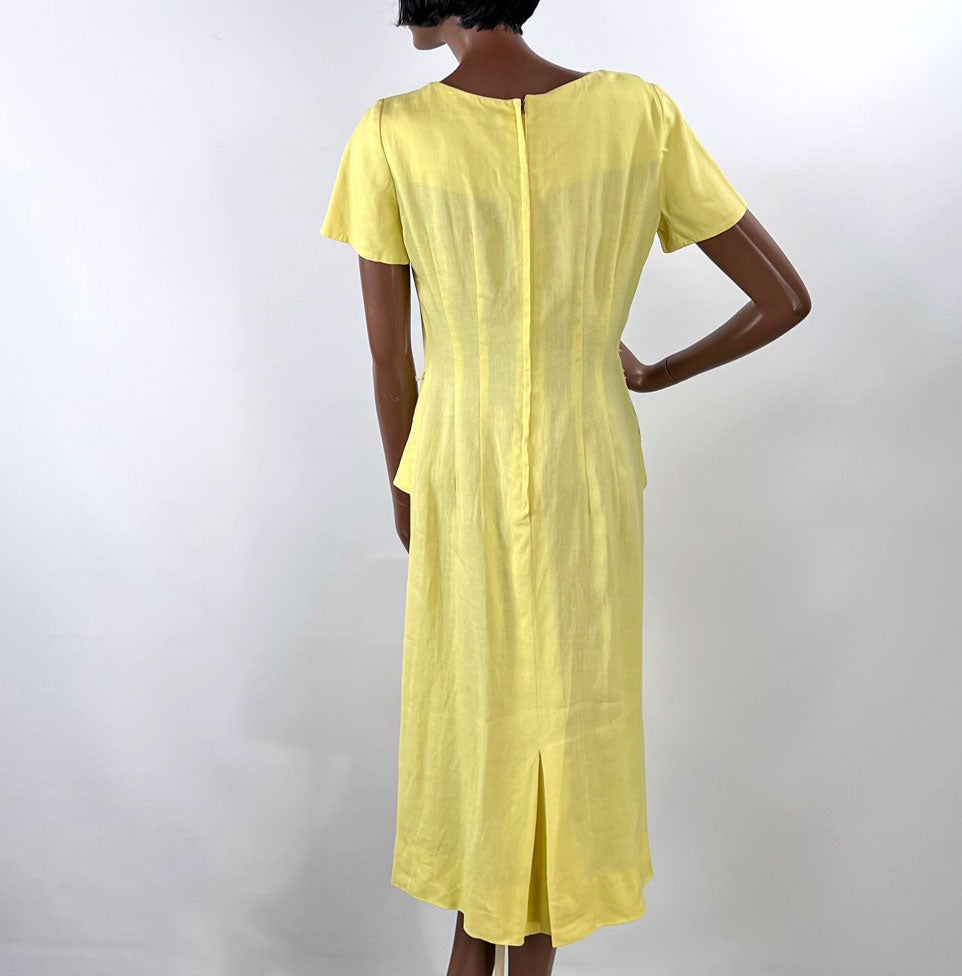 50s Yellow Fitted Dress Women's Vintage Peplum White Lace Accents Medium Grace da Pozzo VFG