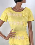 50s Yellow Fitted Dress Women's Vintage Peplum White Lace Accents Medium Grace da Pozzo VFG