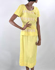 50s Yellow Fitted Dress Women's Vintage Peplum White Lace Accents Medium Grace da Pozzo VFG