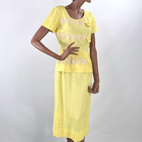 50s Yellow Fitted Dress Women's Vintage Peplum White Lace Accents Medium Grace da Pozzo VFG