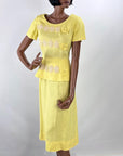 50s Yellow Fitted Dress Women's Vintage Peplum White Lace Accents Medium Grace da Pozzo VFG