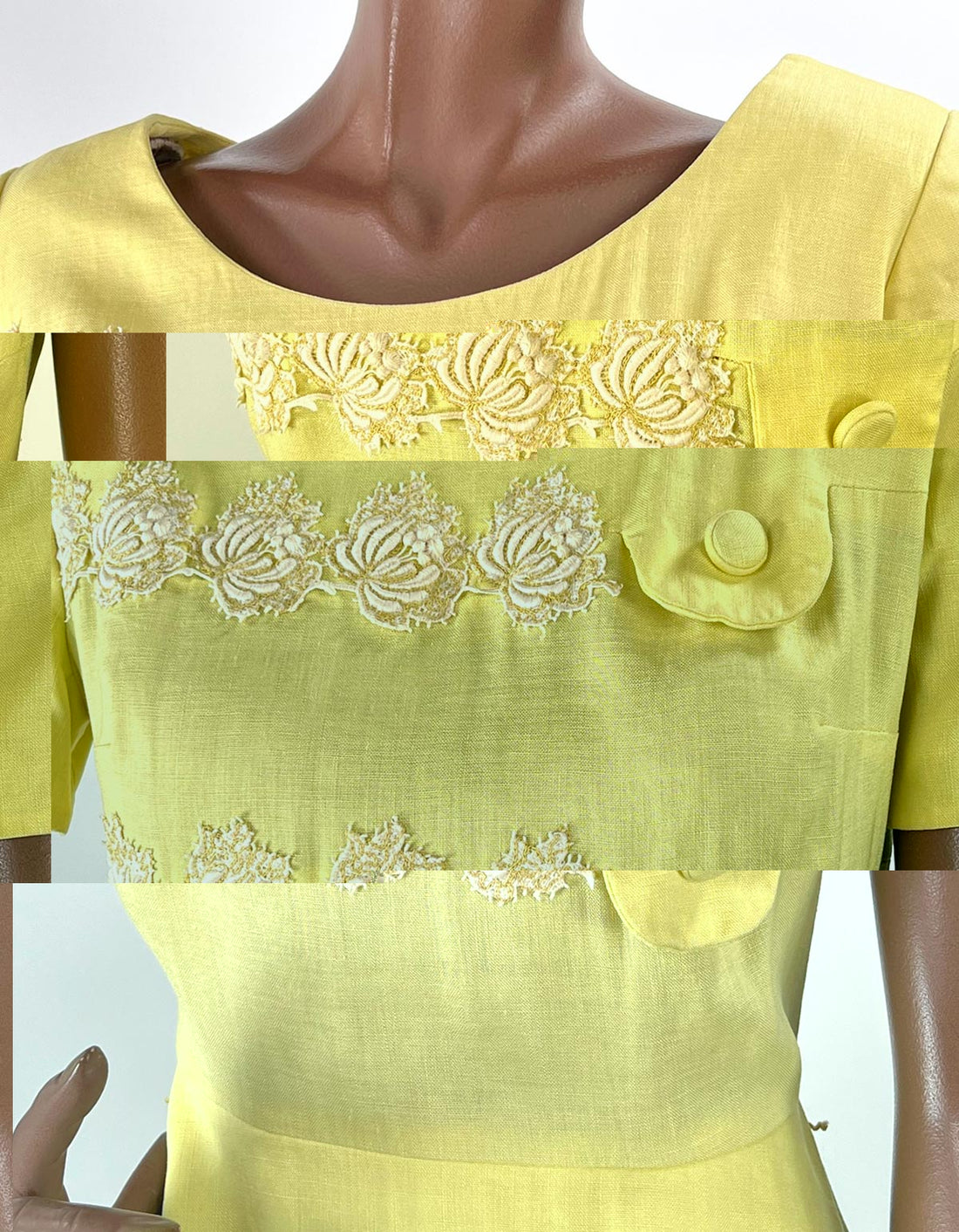 50s Yellow Fitted Dress Women's Vintage Peplum White Lace Accents Medium Grace da Pozzo VFG