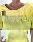 50s Yellow Fitted Dress Women's Vintage Peplum White Lace Accents Medium Grace da Pozzo VFG