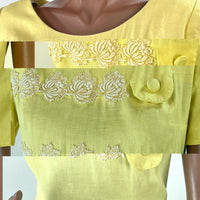 50s Yellow Fitted Dress Women's Vintage Peplum White Lace Accents Medium Grace da Pozzo VFG