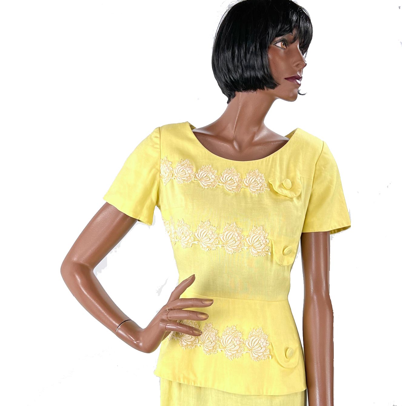50s Yellow Fitted Dress Women's Vintage Peplum White Lace Accents Medium Grace Da Pozzo VFG 50s Yellow Fitted Dress Women's Vintage Peplum White Lace Accents Medium Grace Da Pozzo VFG