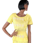 50s Yellow Fitted Dress Women's Vintage Peplum White Lace Accents Medium Grace da Pozzo VFG