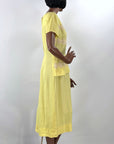 50s Yellow Fitted Dress Women's Vintage Peplum White Lace Accents Medium Grace da Pozzo VFG