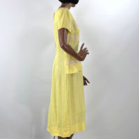 50s Yellow Fitted Dress Women's Vintage Peplum White Lace Accents Medium Grace da Pozzo VFG