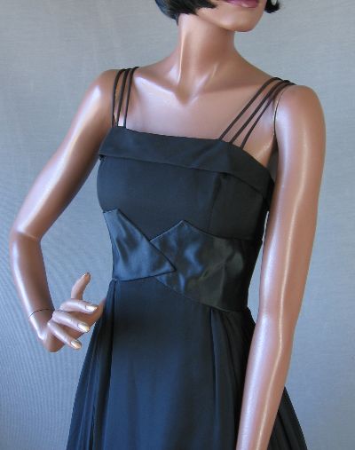 Women's 50s Dress Party Vintage Black Chiffon Full Skirt LBD Silk Small to Medium VFG