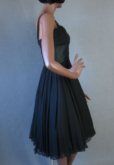 50s Dress Party Vintage Black Chiffon Full Skirt LBD Silk Small to Medium VFG Mags Rags