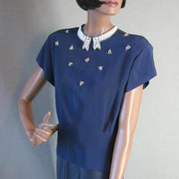40s navy blue blouse with beads and pearls