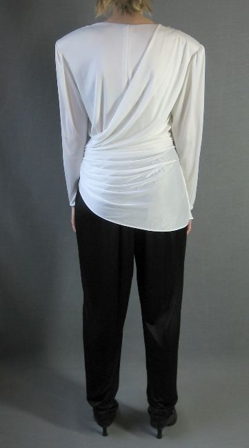 back view, 80s Dynsaty style draped jumpsuit with strong shoulders