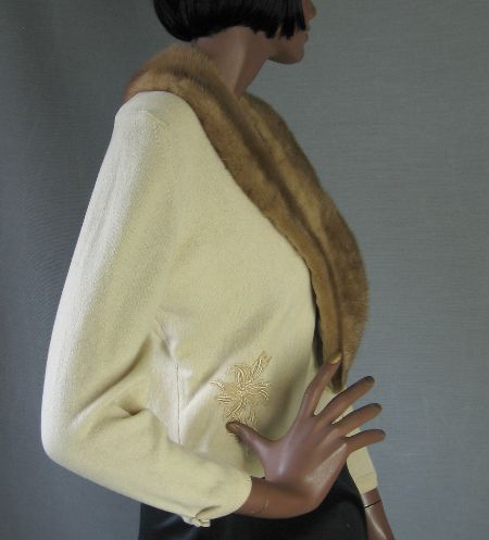 side view, cropped cashmere cardigan in cream with mink collar