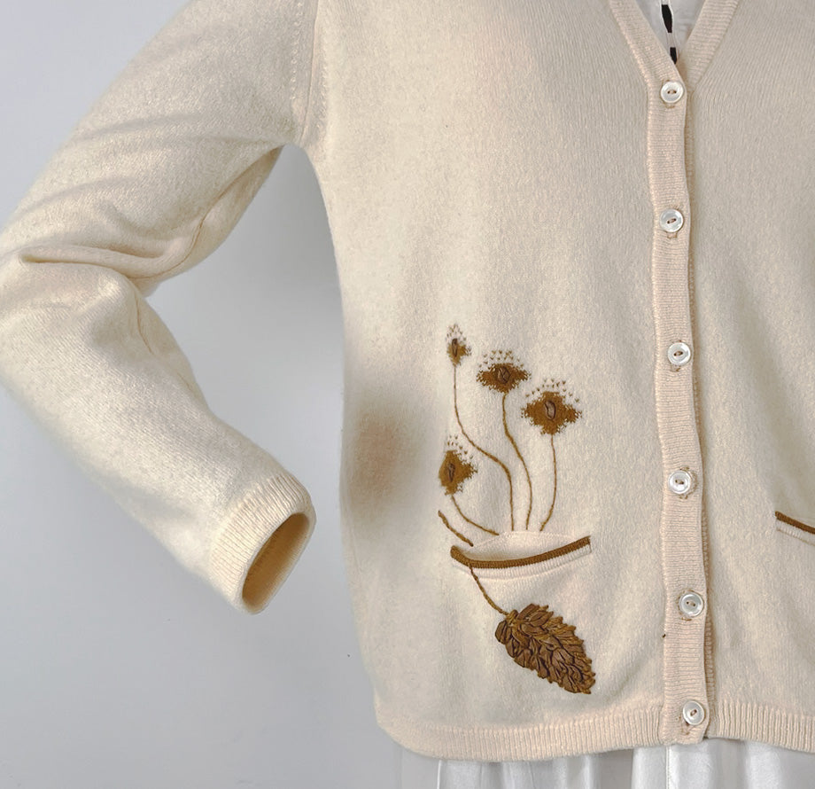 50s Cashmere Cardigan Women&#39;s Sweater 60s Vintage Intarsia Leather Plants Bernhard Altmann VFG