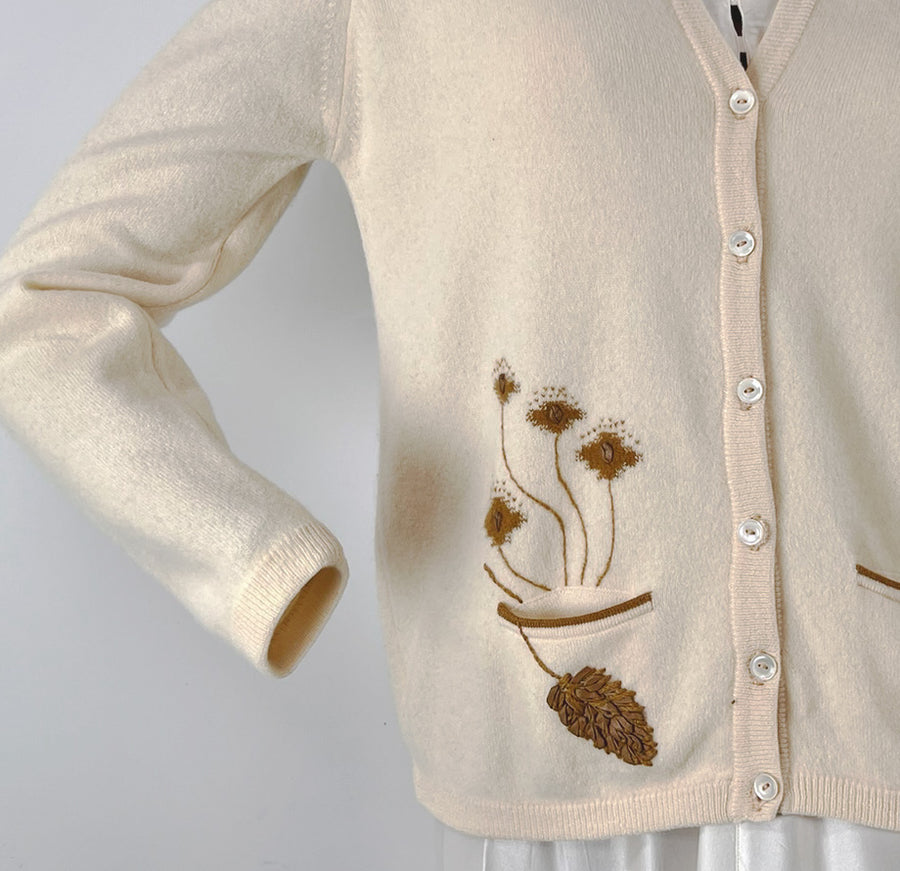 50s 60s Cashmere Cardigan Women's Sweater Vintage Intarsia Leather Plants by Bernhard Altmann VFG